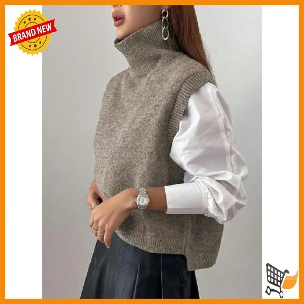 Cotton Blend Turtleneck Crop Sweater Vest Sleeveless Loose Fit